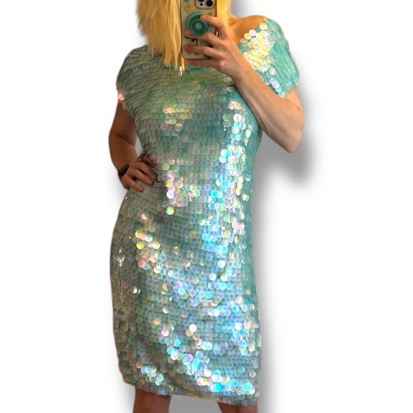Vintage Norma Kamali dress sequined sequin teal Turquoise mermaid sz L paillete - Picture 17 of 17